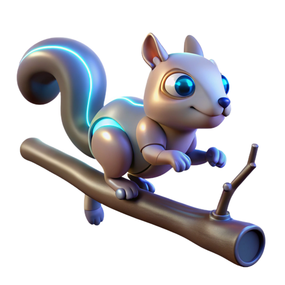 Cybernetic Squirrel on Branch 3D Render of Robotic Animal png