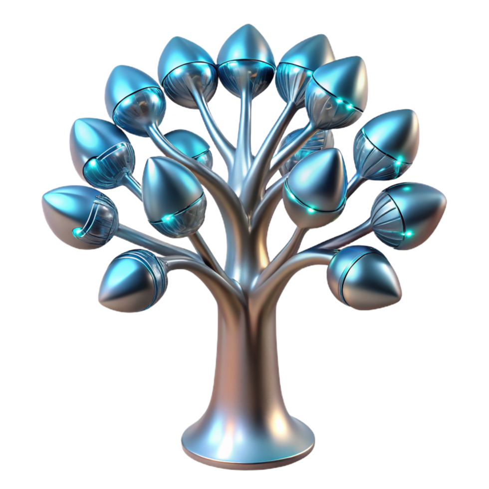 Futuristic Metallic Tree with Illuminated Pods A 3D Render png