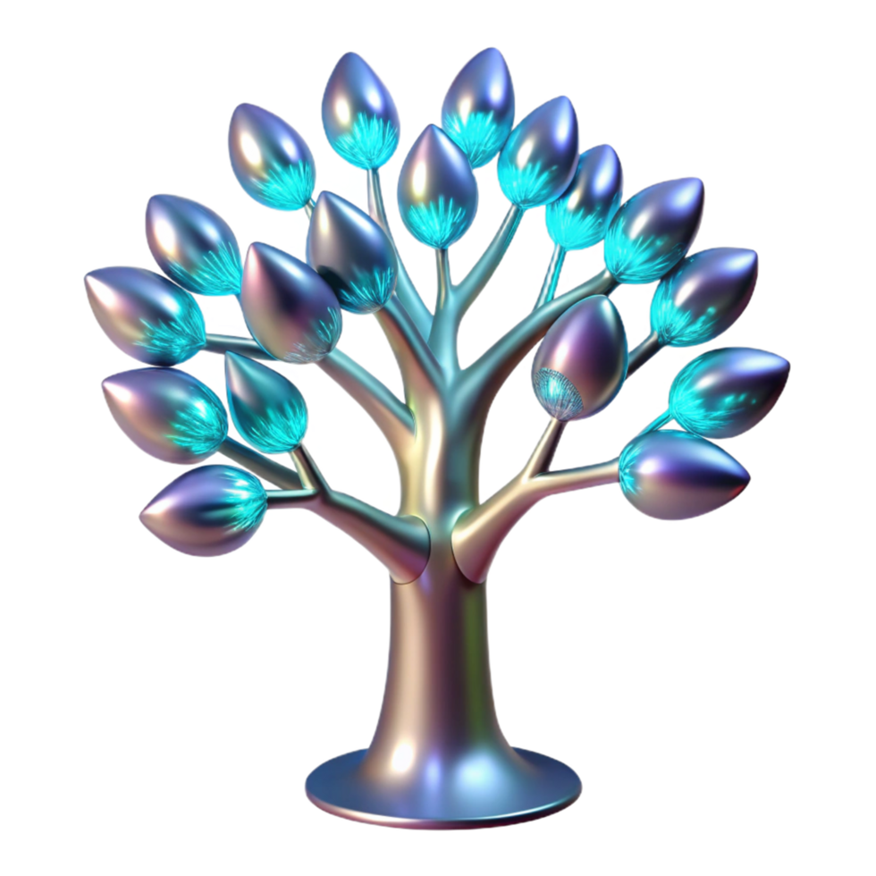 Abstract Metallic Tree with Illuminated Bulbs 3D Render png