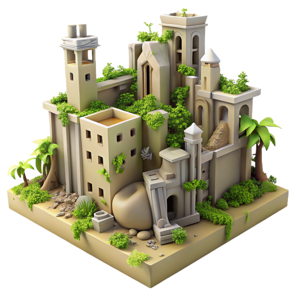 Overgrown Ruins An Isometric 3D Model of Ancient Architecture png