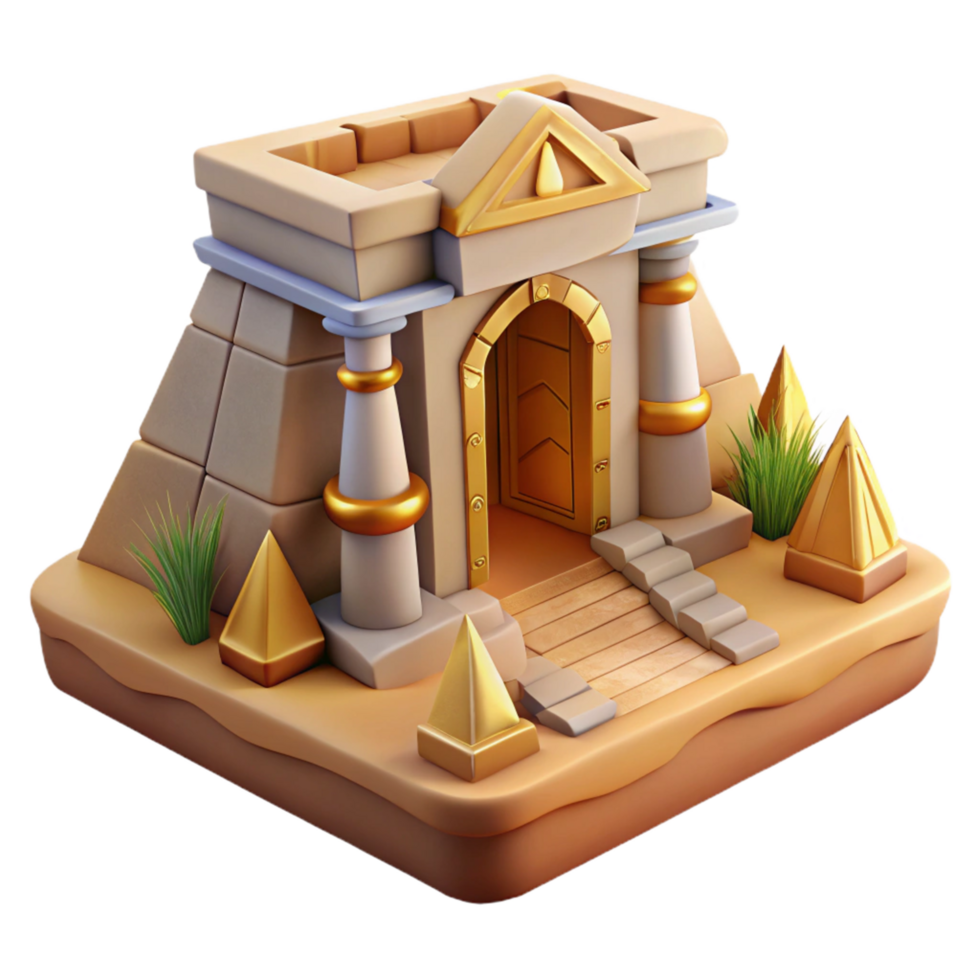 Ancient Pyramid Temple 3D Model Game Asset, Golden Accents, Desert Setting png