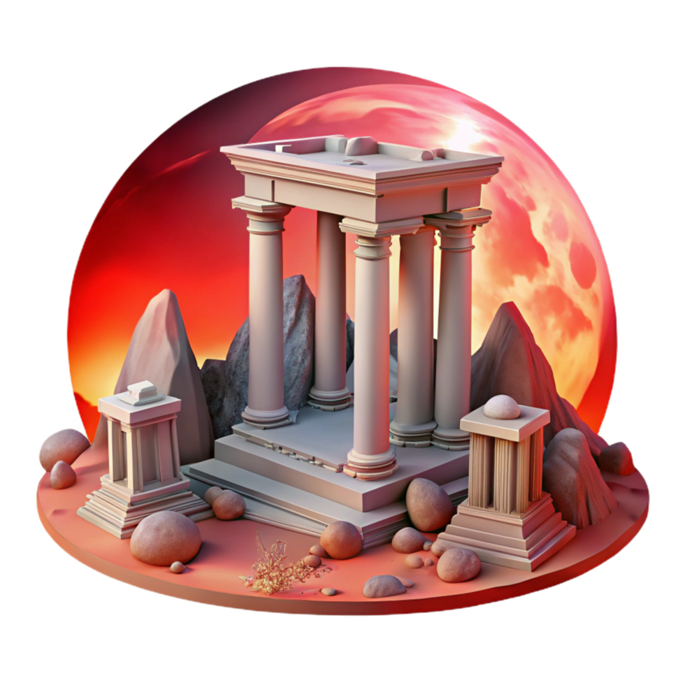Ancient Temple Ruins at Sunset 3D Render of Classical Architecture png