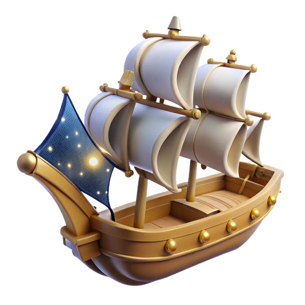 Celestial Galleon A 3D Model of a Wooden Sailing Ship with Starry Sail png