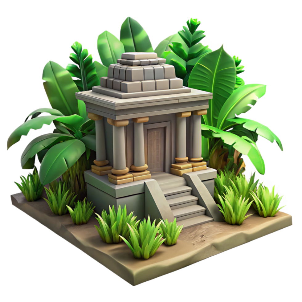 Jungle Temple 3D Model Tropical Architecture, Stone Structure, Lush Foliage, Steps, Columns png