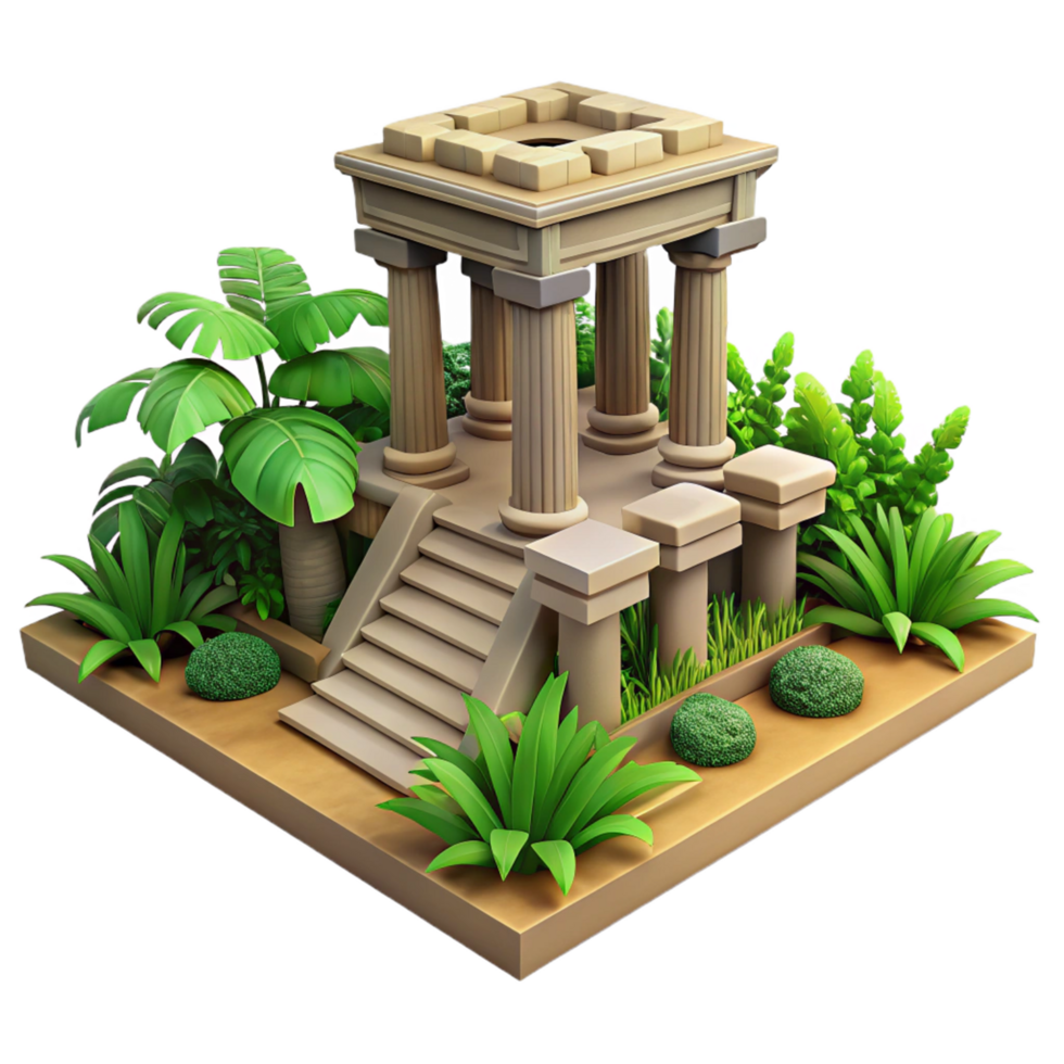Tropical Garden Temple 3D Render of an Ancient Structure with Lush Greenery png