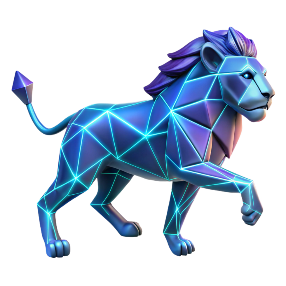 Neon Lion Geometric 3D Render of a Majestic Creature png
