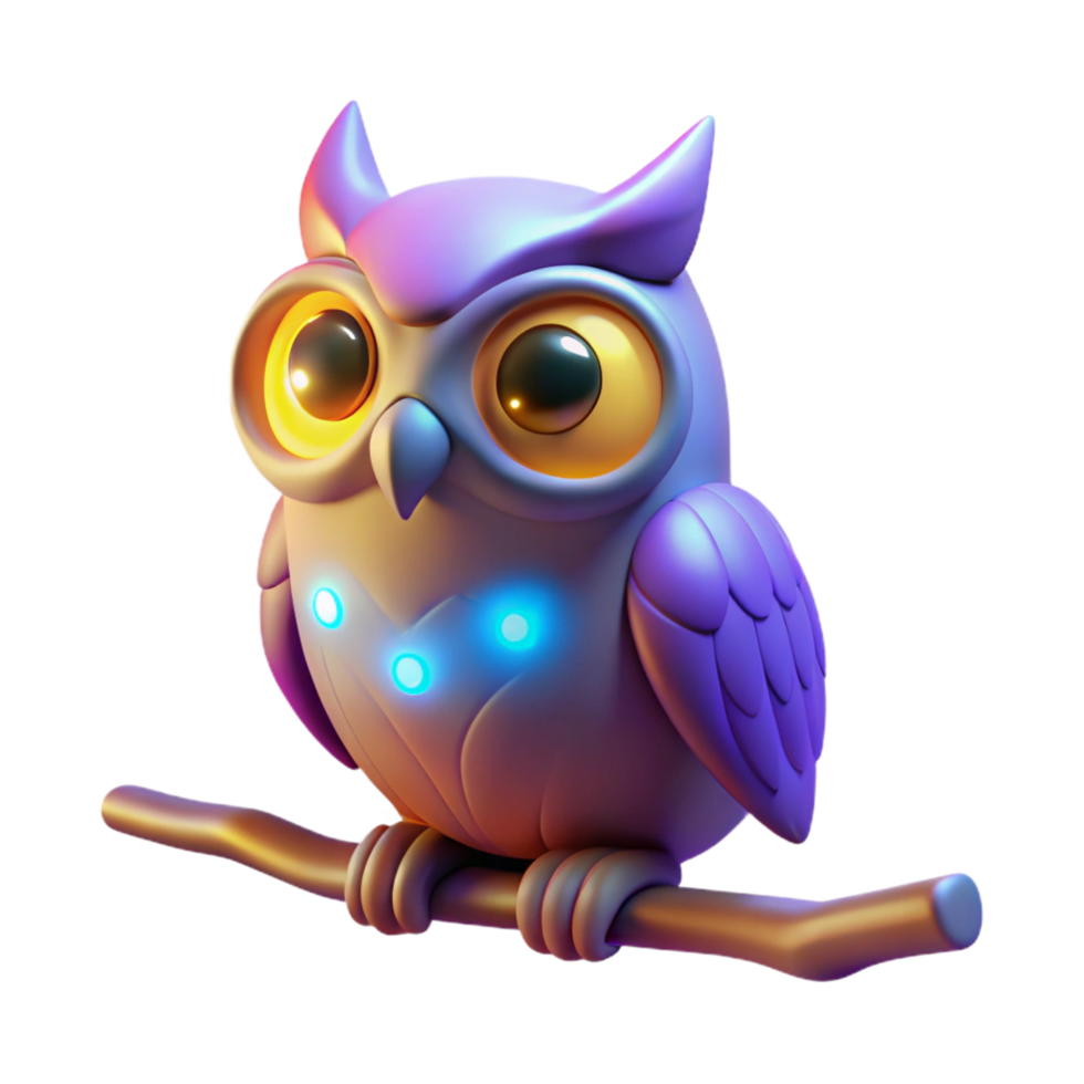 Cybernetic Owl Perched on Branch 3D Render of Futuristic Bird png