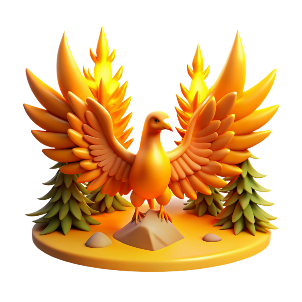 Golden Bird of Fire A 3D Render of a Mythical Creature in a Forest png