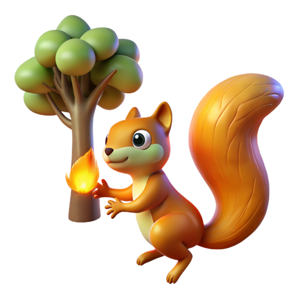 Squirrel and Tree A 3D Render of a Cute Squirrel Near a Burning Tree png