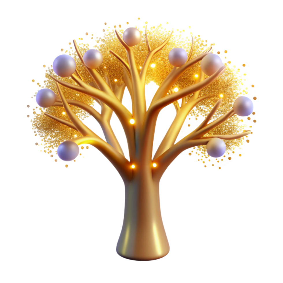 Golden Tree with Pearl Ornaments A 3D Rendered Image png