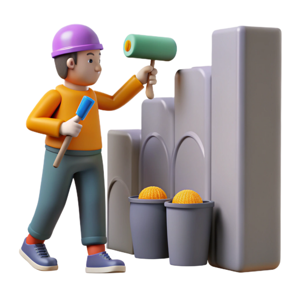 Construction Worker Painting Abstract Structure with Paint Roller and Hammer png
