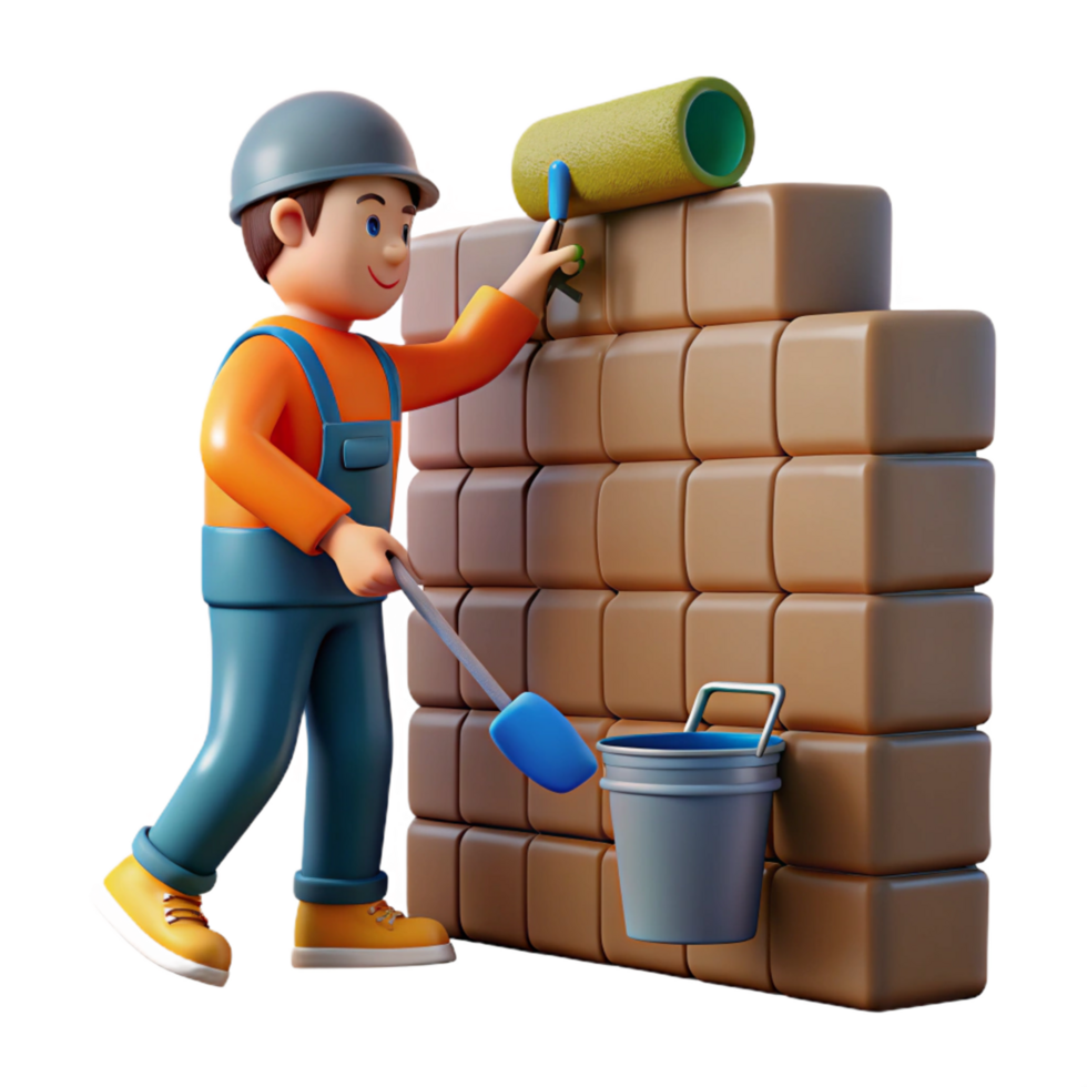 Construction Worker Painting a Brick Wall 3D Render png