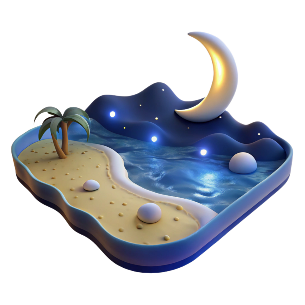 Night Scene Island 3D Render of Tropical Beach and Ocean under Crescent Moon png