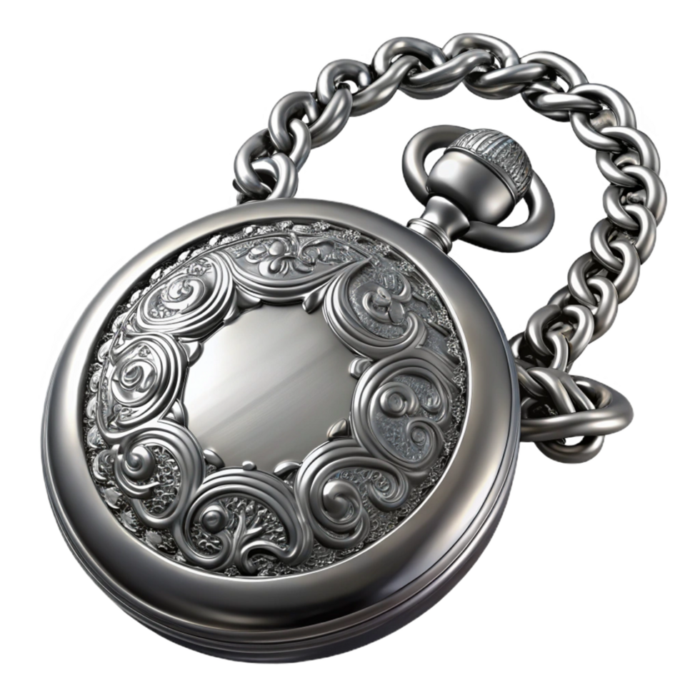 Ornate Silver Pocket Watch with Chain A Detailed 3D Render png