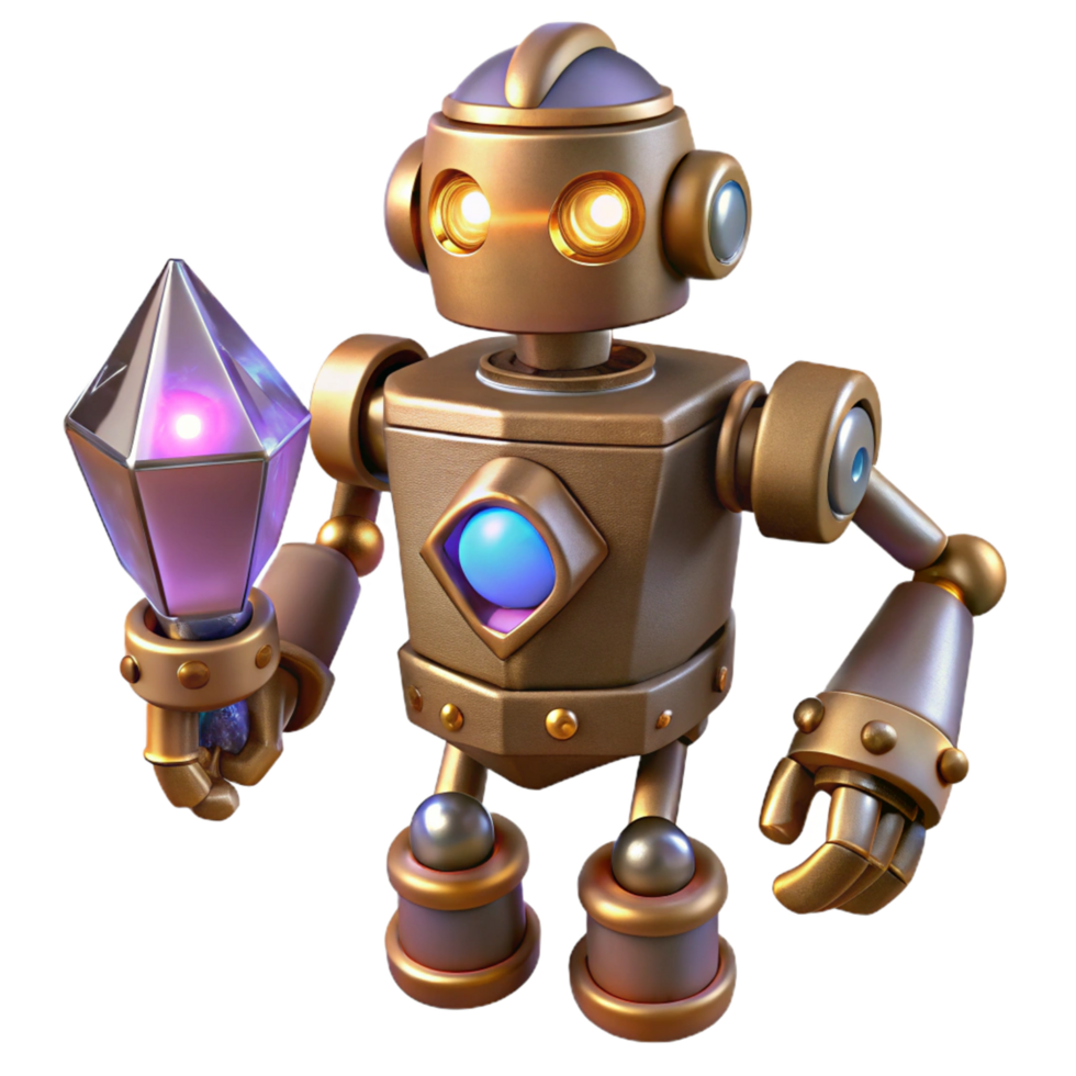 Golden Robot with Crystal Orb 3D Render of a Mechanical Being png