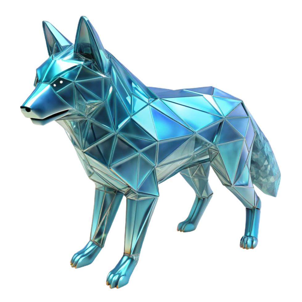 Geometric Wolf Sculpture Low Poly, Metallic, Cyan, 3D Render png