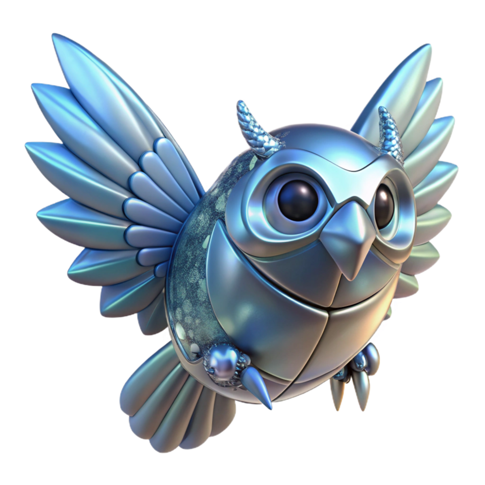 Metallic Owl Robot in Flight 3D Render of Futuristic Avian png