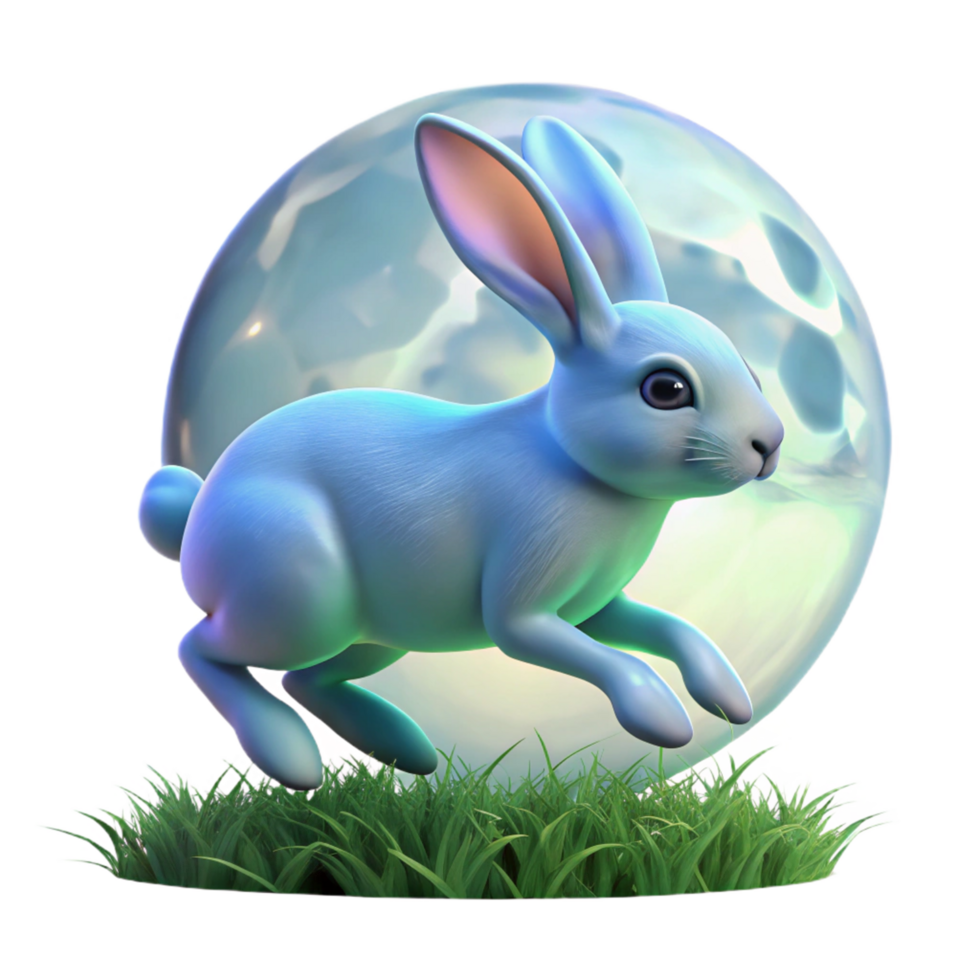 Moonlit Hare A 3D Render of a Blue Rabbit Leaping Through Grass png