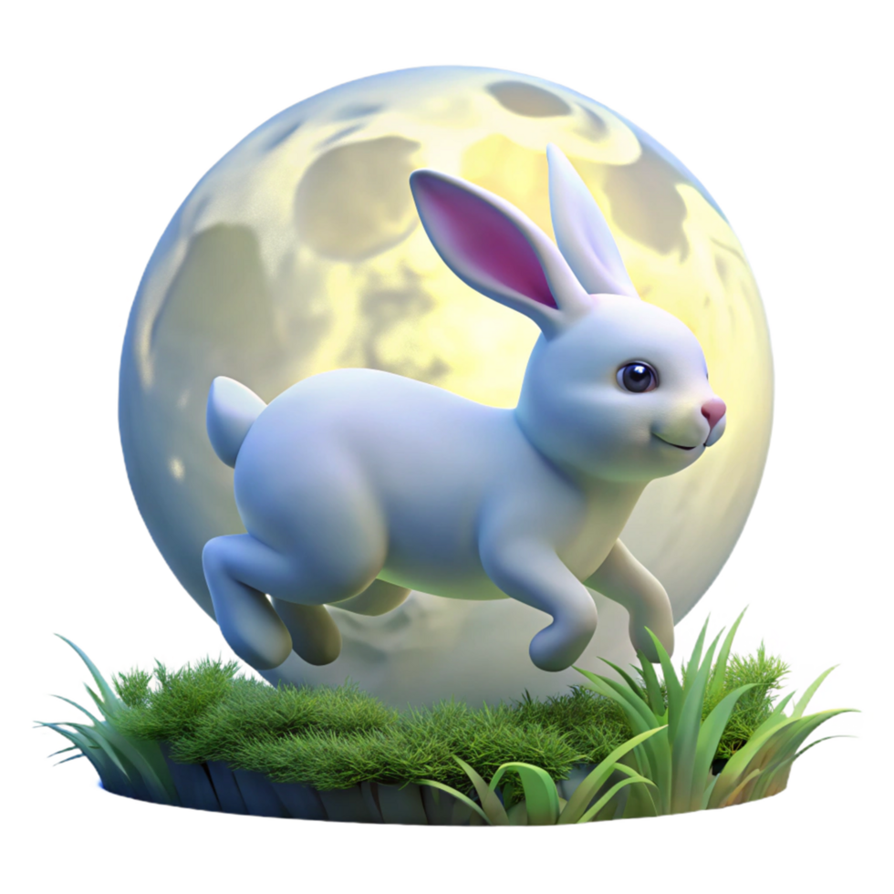 3D Render of a White Rabbit Hopping Under the Moonlight png