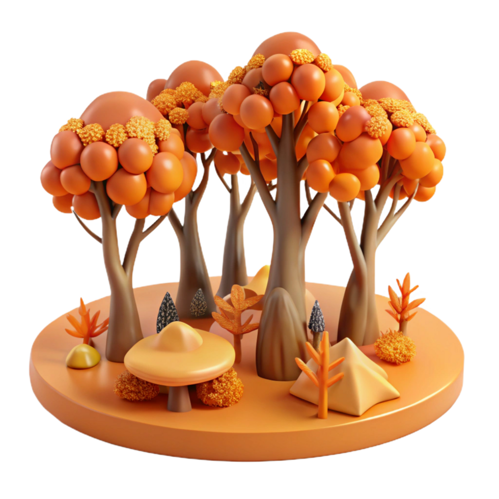 Autumnal Forest Scene 3D Render of Stylized Trees, Mushrooms, and Plants png