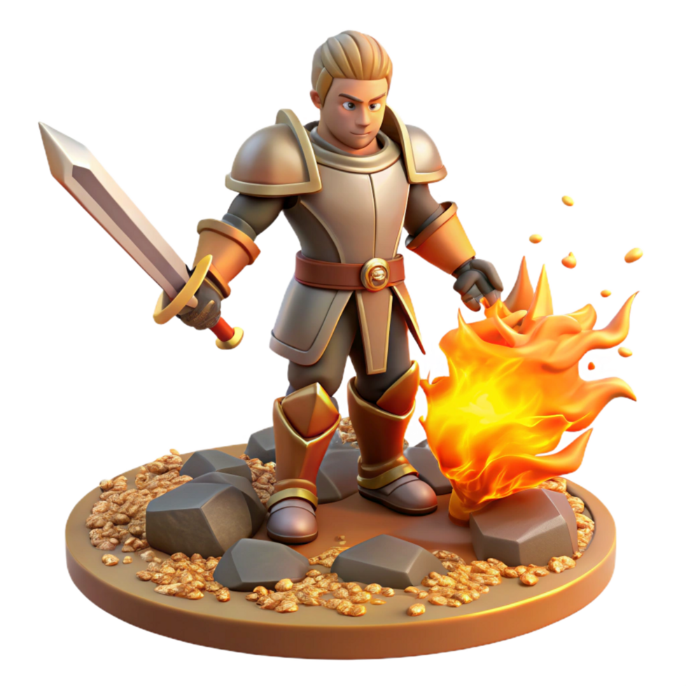 3D Render of a Fantasy Knight with Sword and Fire png