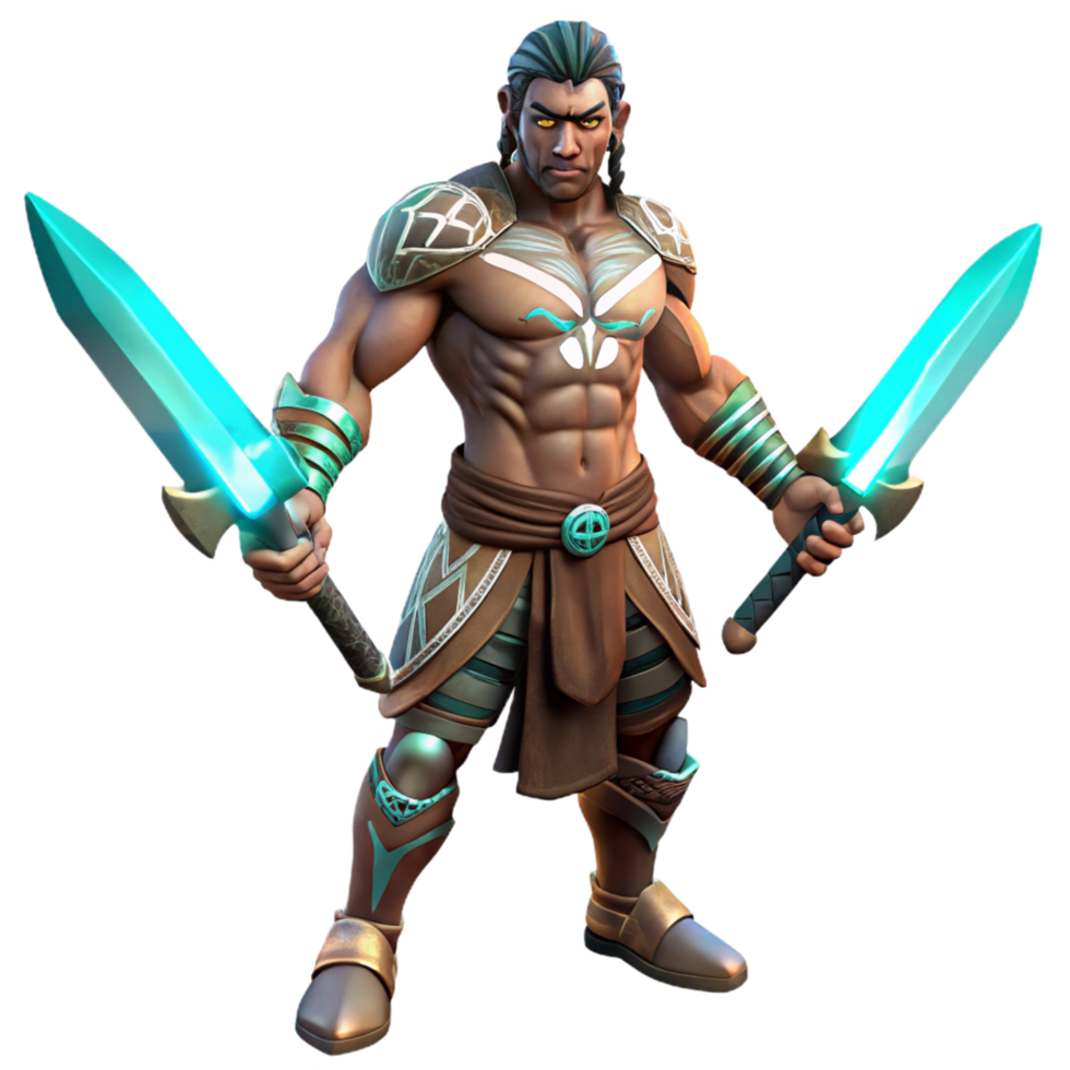 Muscular Warrior with Glowing Swords Fantasy Game Character Art png