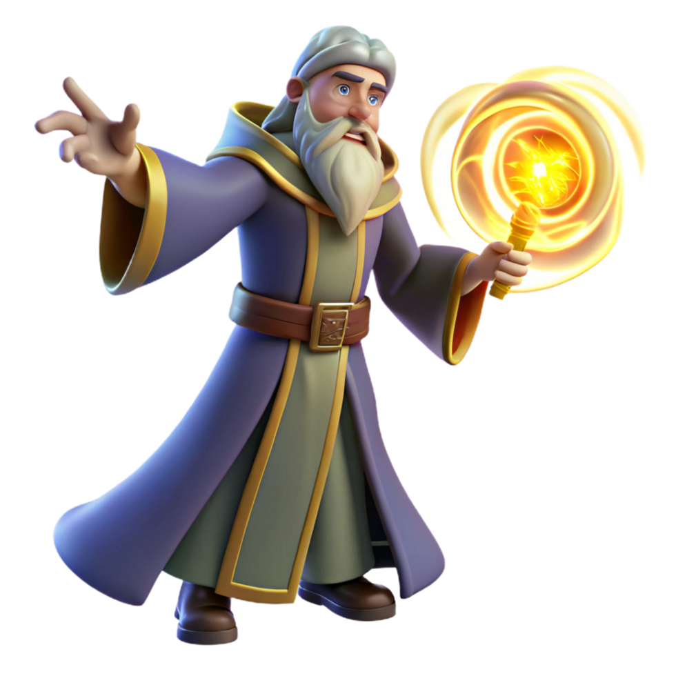 Wise Old Wizard Casting a Spell with Magical Staff png