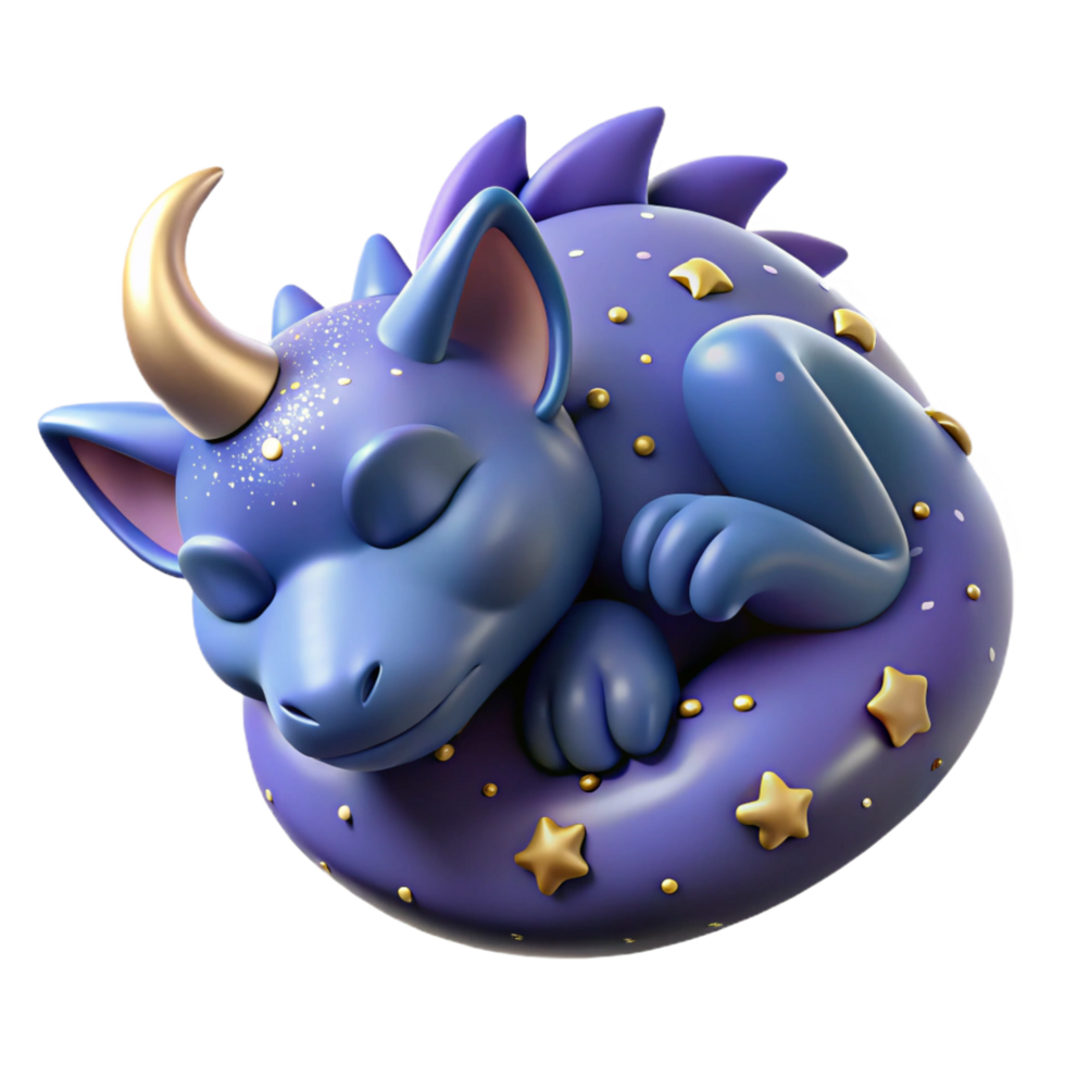 Adorable Sleeping Dragon with Golden Horn and Starry Cushion png