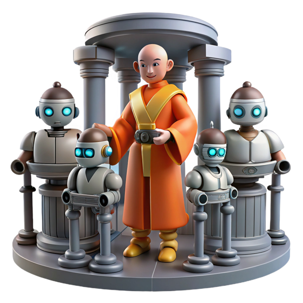 Monk and Robots A 3D Render of Spiritual Guidance in a Technological Age png