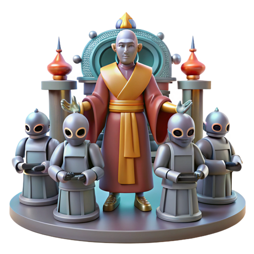 Robotic Attendants Serving a Spiritual Leader on an Ornate Throne png