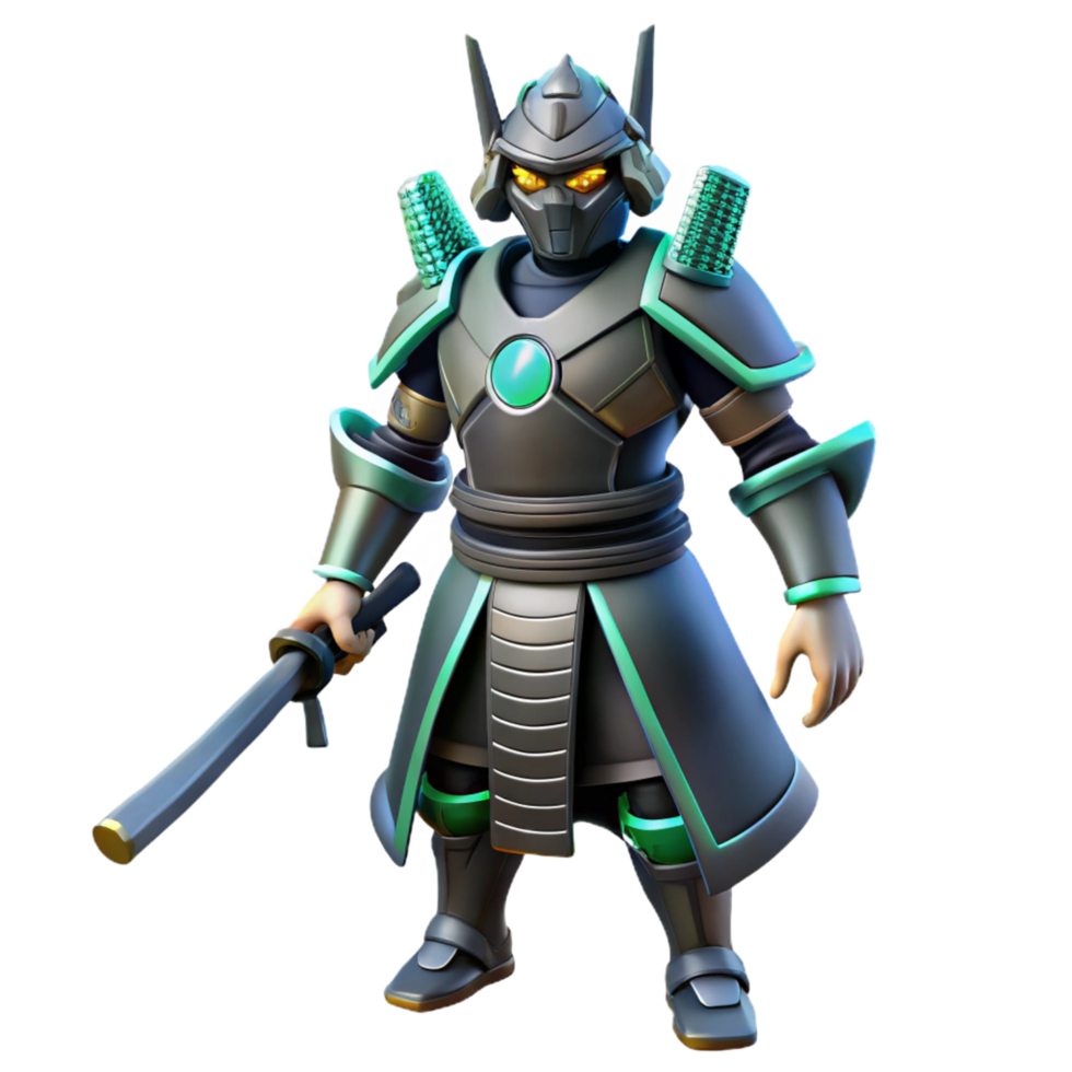 Futuristic Samurai Warrior Cybernetic Armor, High Tech Katana, Green Accents png
