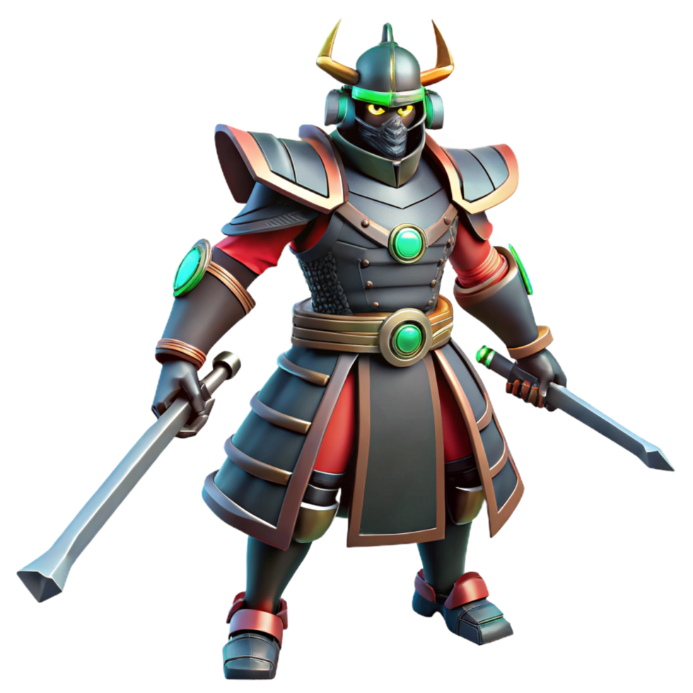 Stylized Samurai Warrior with Dual Swords 3D Render png