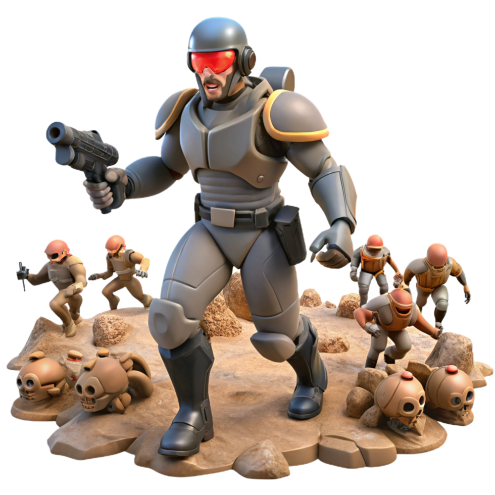 Futuristic Soldier Confronting Robotic Enemies in Desolate Landscape png