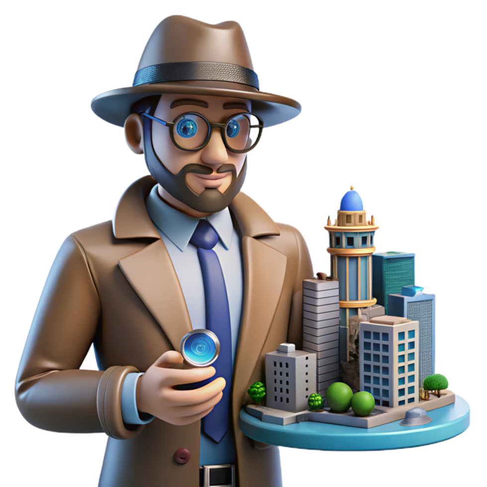 Urban Investigator 3D Model of a Detective Examining a Cityscape png