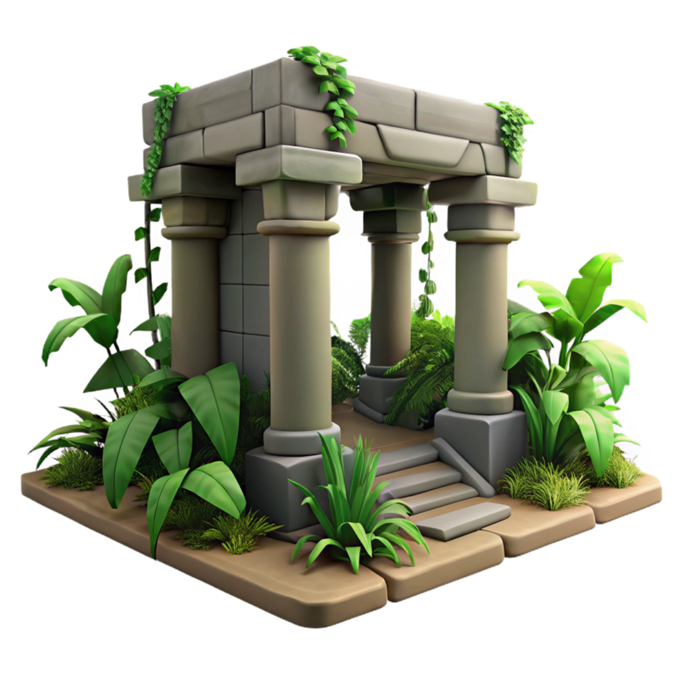Lush Jungle Temple Ruins 3D Render of Ancient Stone Structure Overgrown with Tropical Plants png