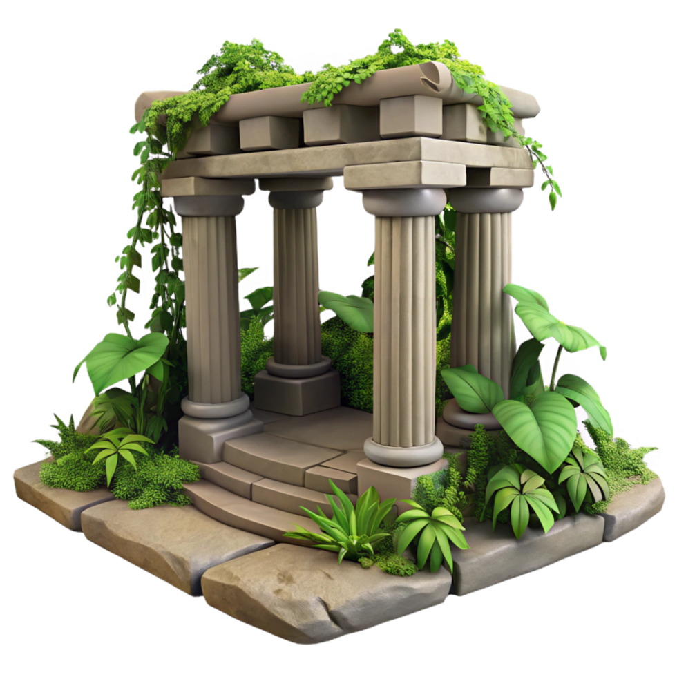 Lush Greenery Overgrown Ancient Ruins Temple Stone Columns Architecture 3D Render png