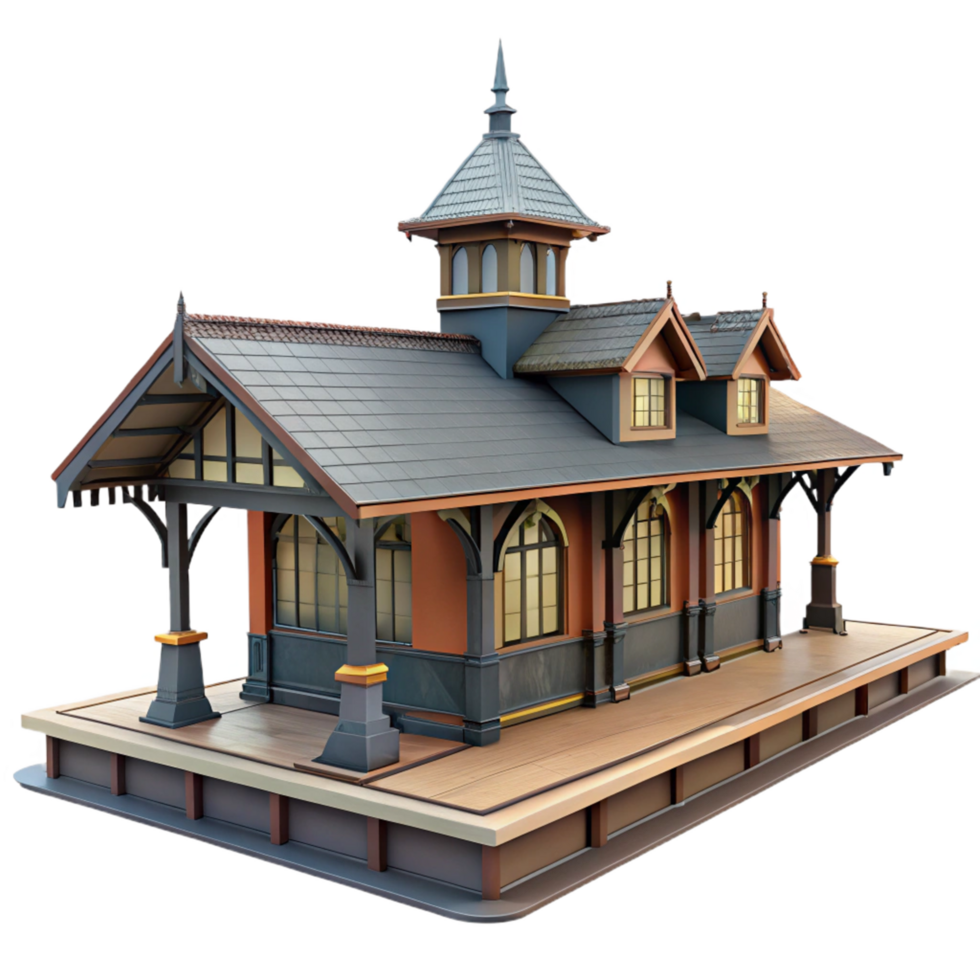 Classic Train Station Architectural Model Detailed Design, Vintage Building, Historical Railway Structure png