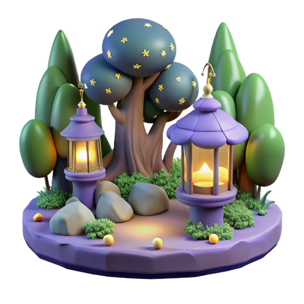 Enchanted Night Garden with Illuminated Lanterns and Starlit Trees png