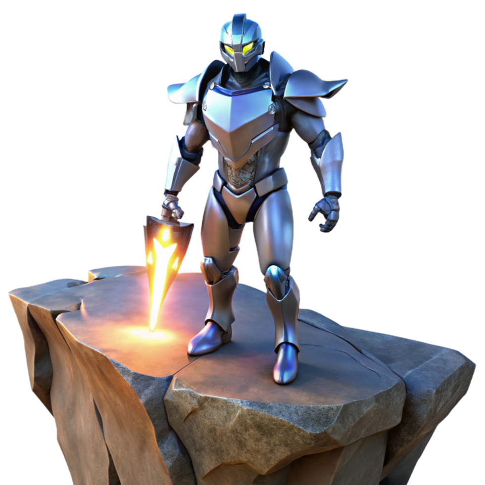 Cybernetic Warrior on Rocky Outcrop with Glowing Lance png