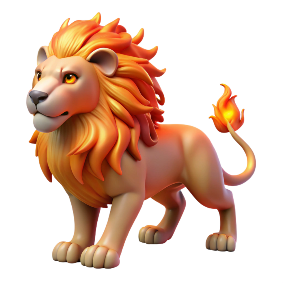 Fiery Lion 3D Render of a Majestic Creature with Flaming Mane and Tail png