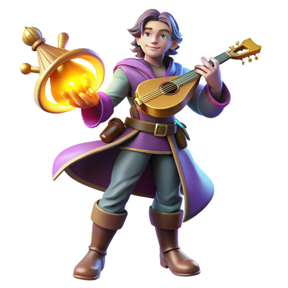 Fantasy Musician A 3D Render of a Young Mage Playing a Lute and Holding a Glowing Orb png