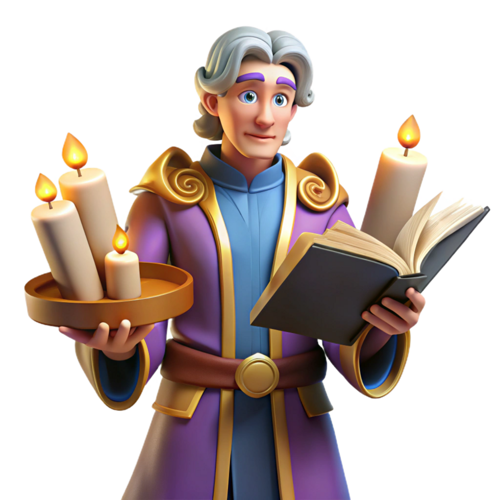 Wise Wizard with Candles and Book A 3D Render png