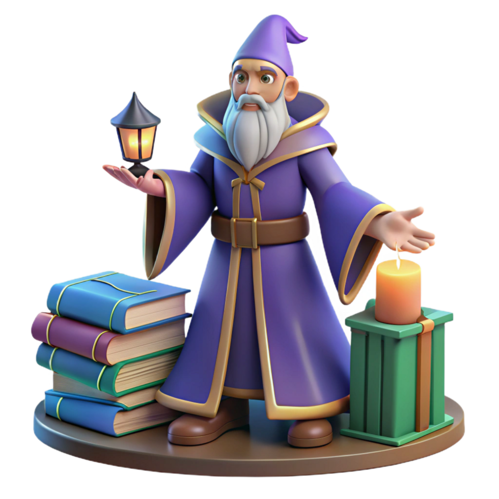 Wise Wizard with Lantern, Books, and Candle A 3D Render png