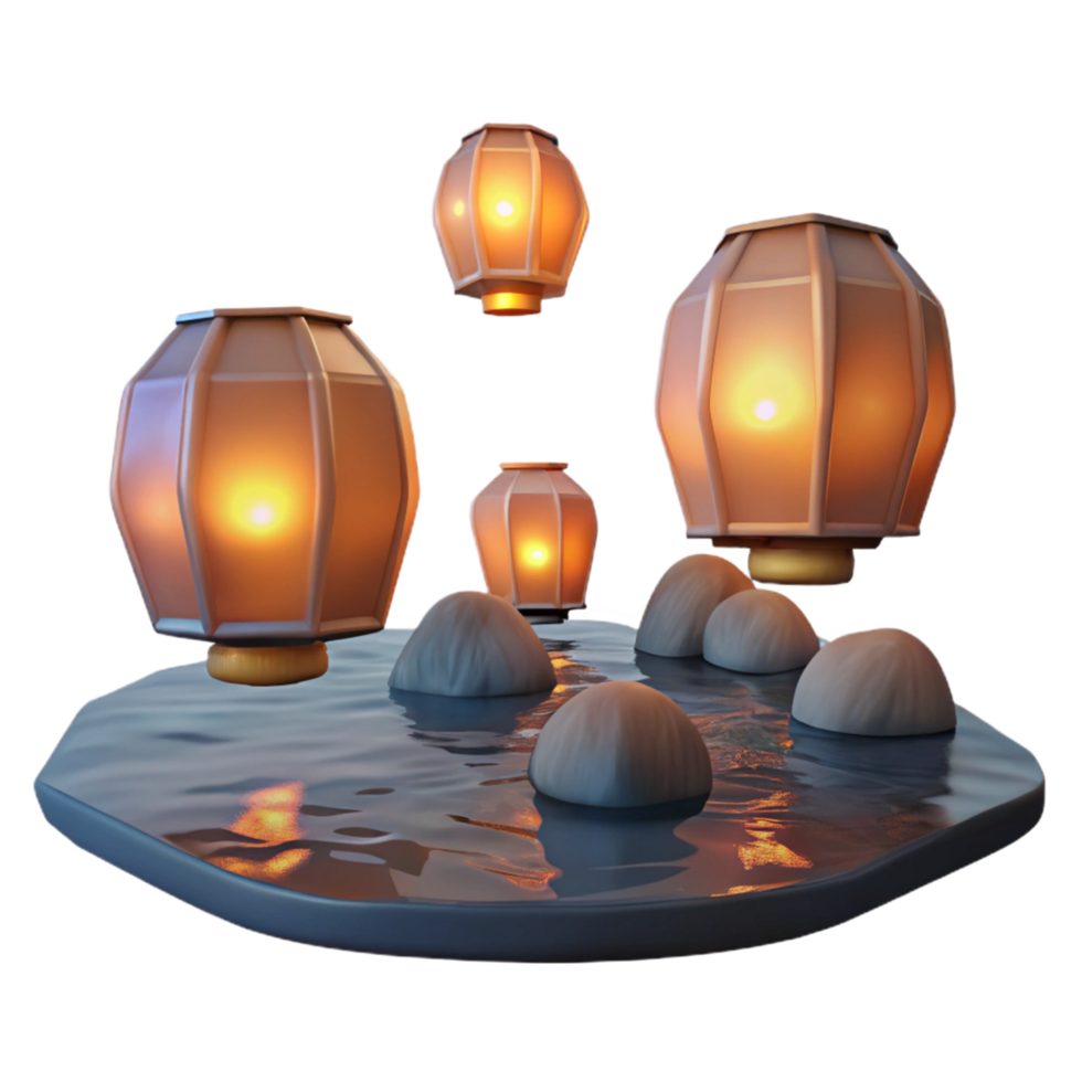 Illuminated Lanterns Floating on Water with Rocks png