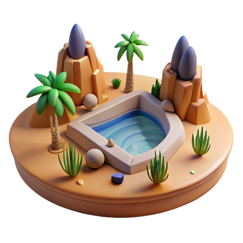 Oasis Pool in Desert Landscape 3D Render of Calm Water, Palm Trees, and Rocks png