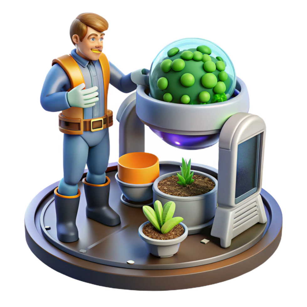 Exploring Futuristic Plant Cultivation A 3D Render of a Scientist and Advanced Growing System png