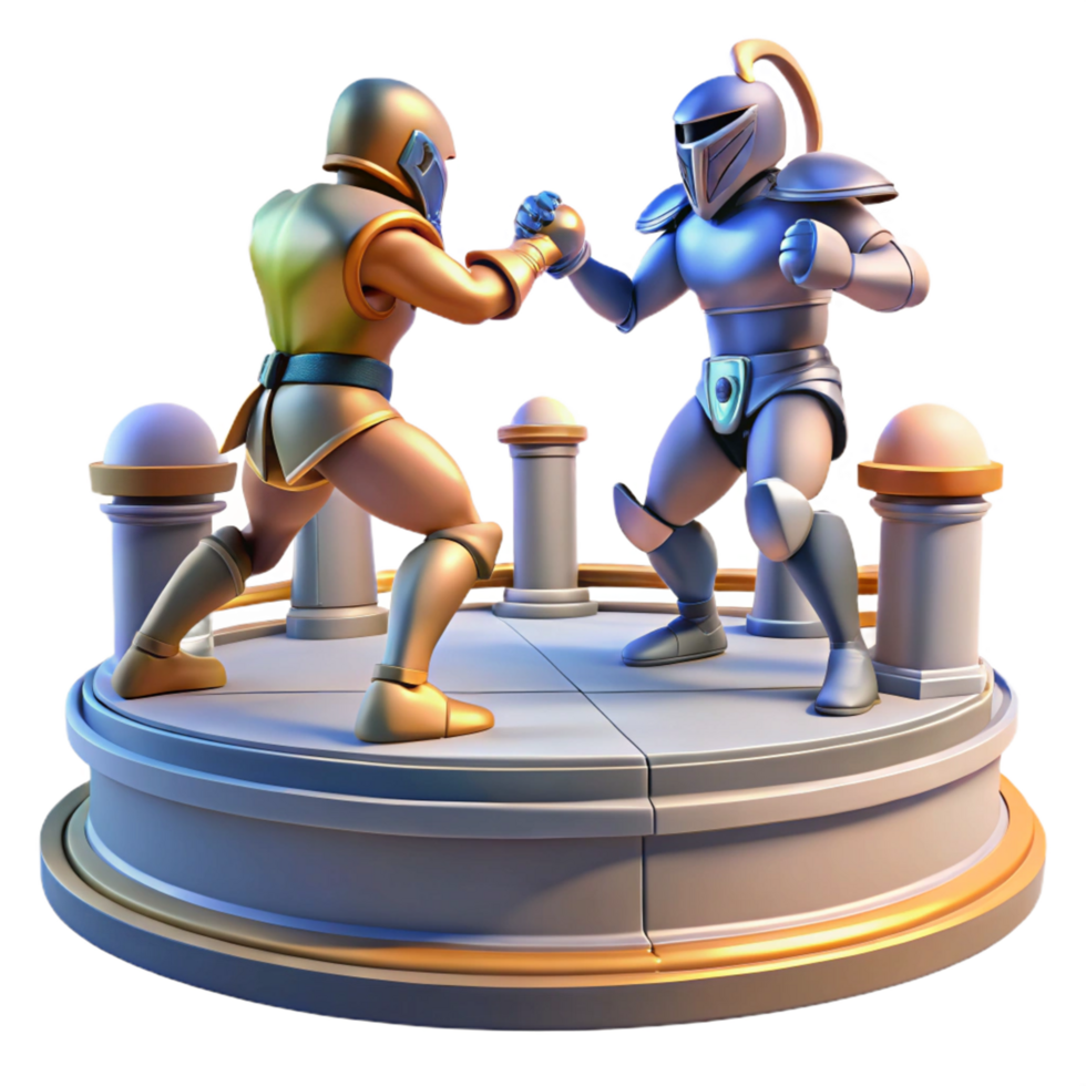 Epic Showdown Two Armored Warriors Clash on a Stone Pedestal png