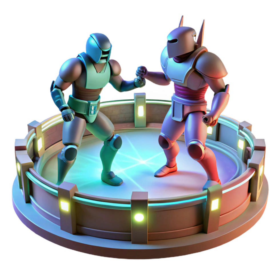 Futuristic Robot Showdown 3D Render of Armored Combatants in an Illuminated Arena png