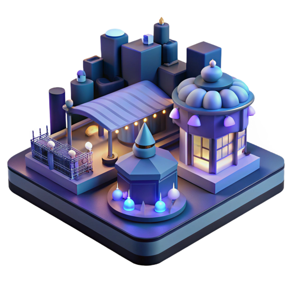 Night Cityscape 3D Render of Illuminated Buildings and Structures png
