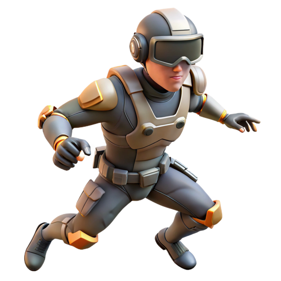 Futuristic Soldier in Action 3D Render of Cyborg in Dynamic Pose png